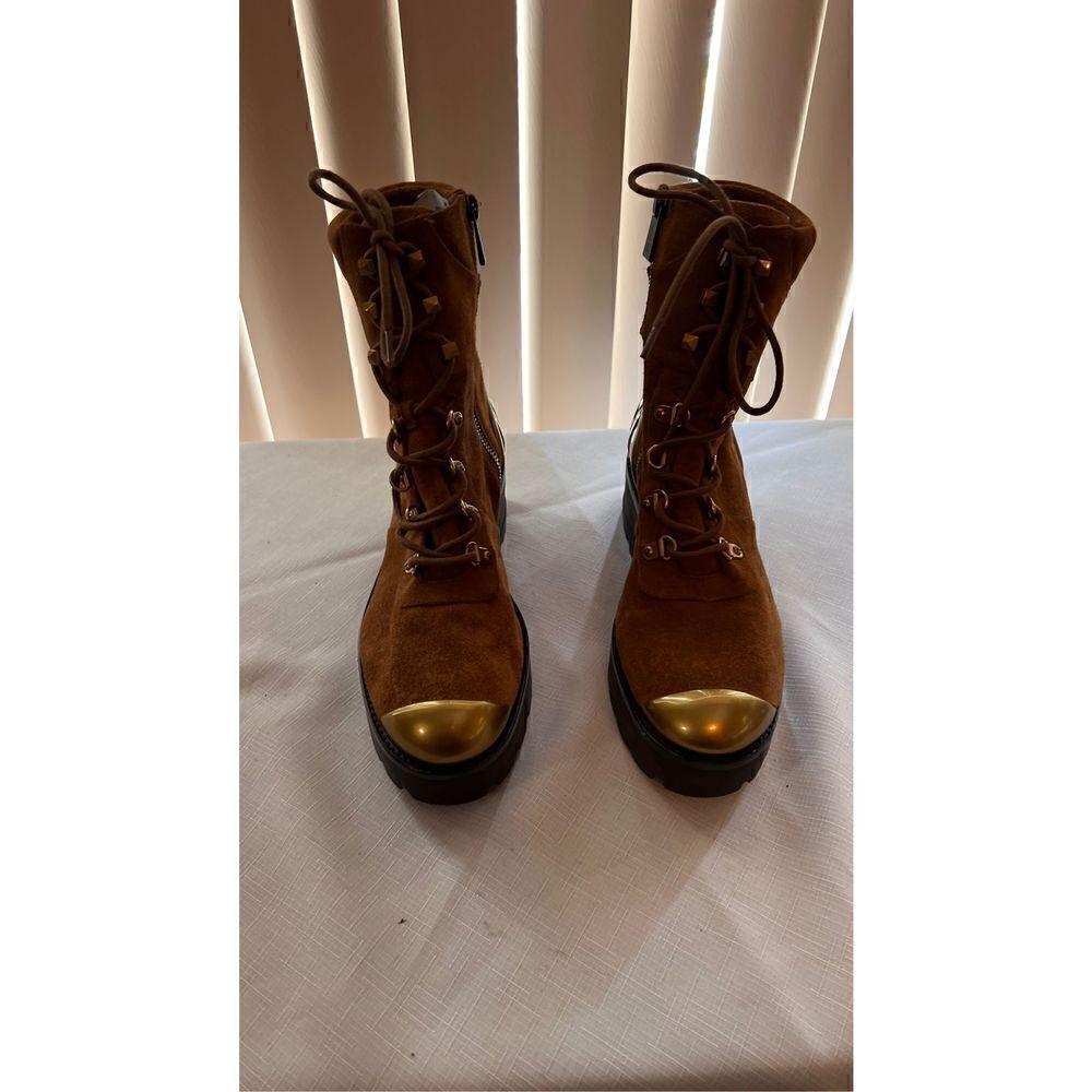 Michael Kors womens Suede Leather Chunky Heel Ankle Boots Brown Gold Size 9.5 - Picture 3 of 15